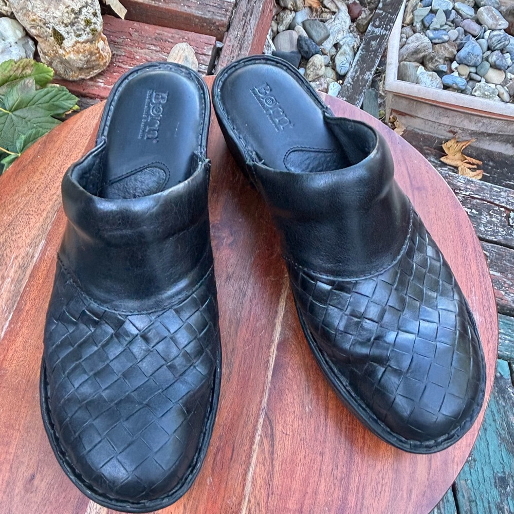 Born size 9 Black Woven Leather Mules. Worn once.